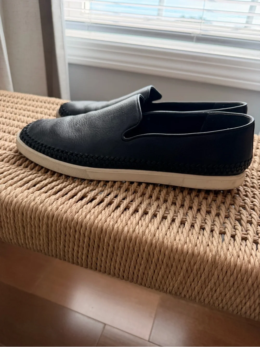 Vince Black Leather Slip-On Loafers with Whipstitch Detail